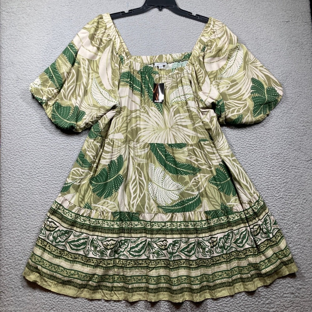 Avenue Tiered Dress Womens Plus 22/24 NEW Olive Green Tropical Leaf  Puff Sleeve